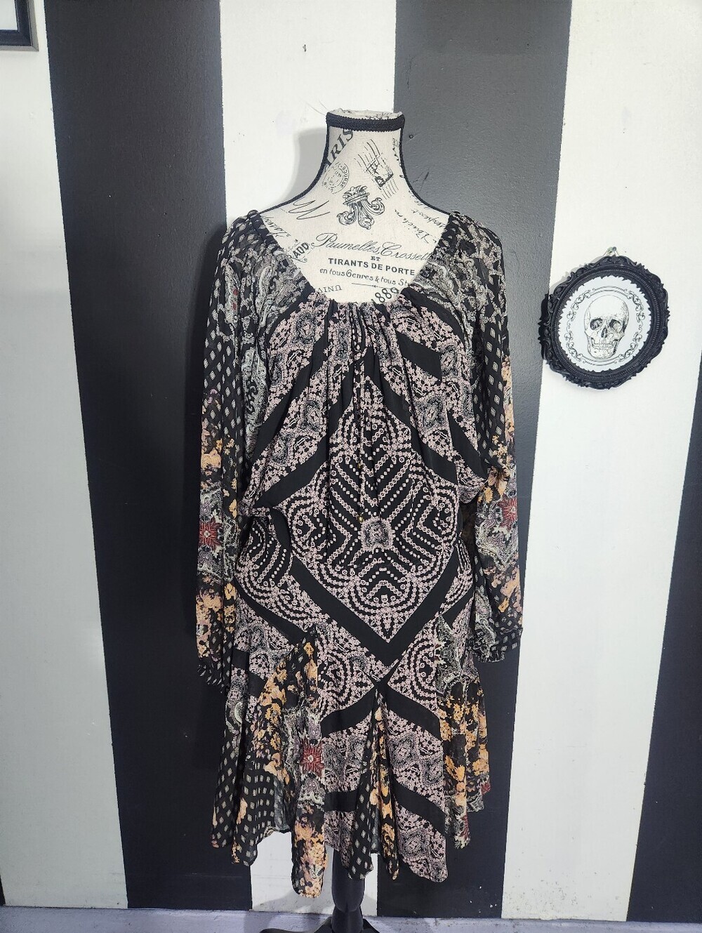 Free People Black Bohemian Printed Long-Sleeve Dress with Pink and Tan Accents